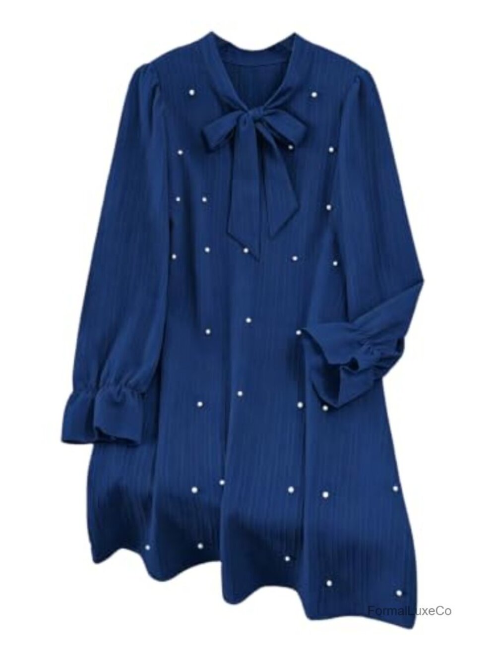 Plus Size Pearl Beaded Tunic Dress Long Sleeve Tie Neck Casual Shirt Dress